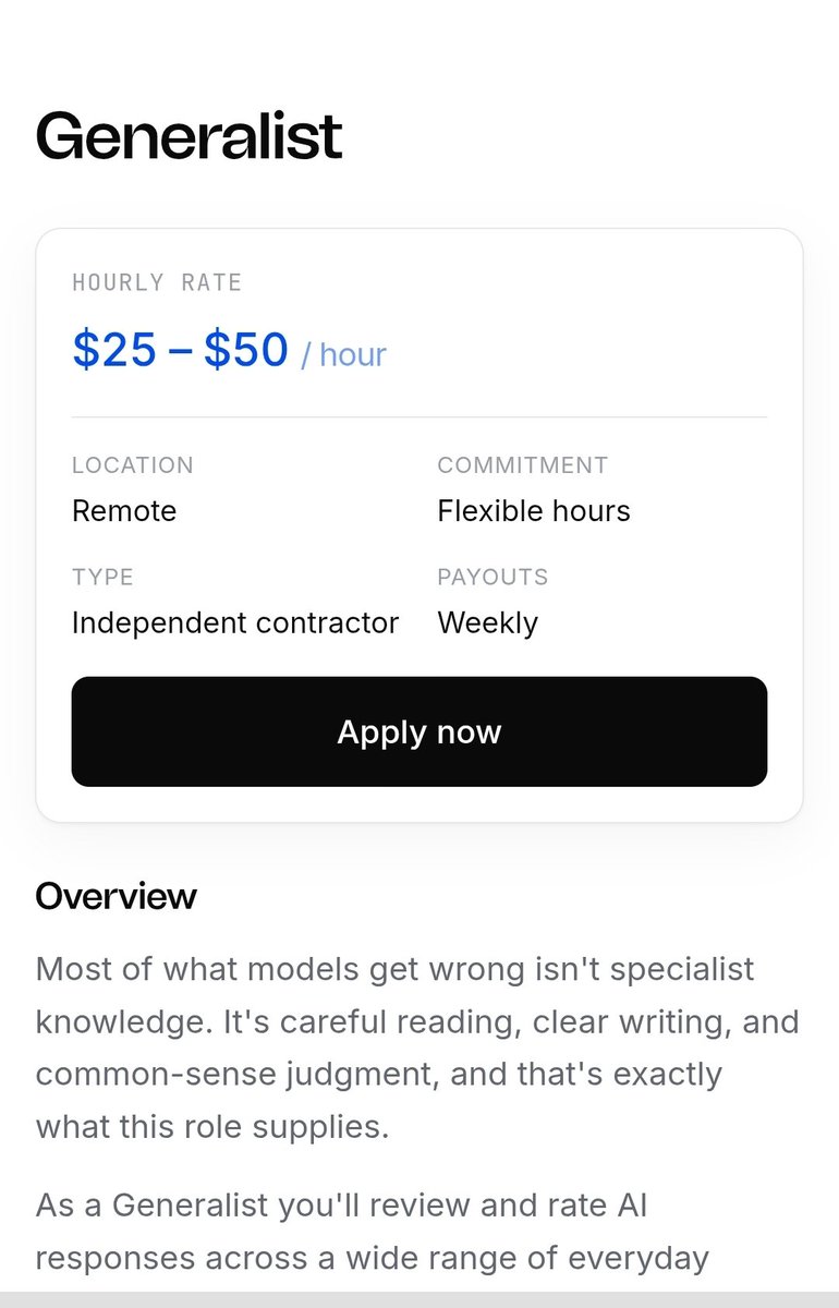 OlatunjiAyokan2's tweet photo. Looking for a flexible remote AI job?

DataAnnotation is recruiting Generalists to help train AI models.

💰 Starting at $25–$50+/hour
🌍 Remote worldwide
⏰ Flexible schedule
🚫 No interview required

What you’ll do:
• Evaluate AI responses
• Compare model outputs
• Fact-check information
• Write and improve answers

Great for writers, graduates, teachers, researchers, and critical thinkers.

One contributor reported earning $3,000+ within a few days of getting accepted.

If you have strong English and reasoning skills, this is worth checking out.