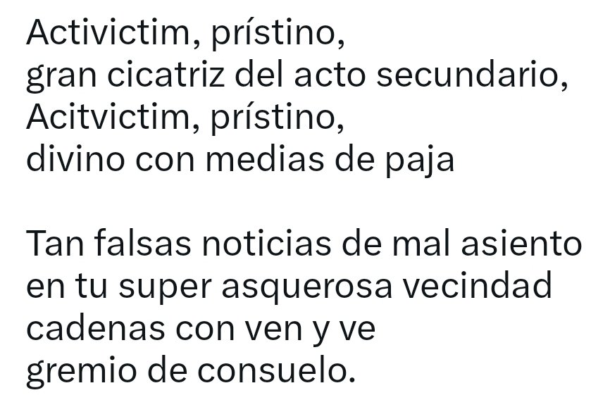 antilopez's tweet photo. @slifante Jaja ni la palabra inventada troncal de la canción. Ni las referencias como "Divina ConMedias" o "por desamor al arte", ni "cicactriz de reparto"... que va. La tiene que mamar aún. Jaja Ya las estrofas i hablemos https://t.co/rA82u370FK