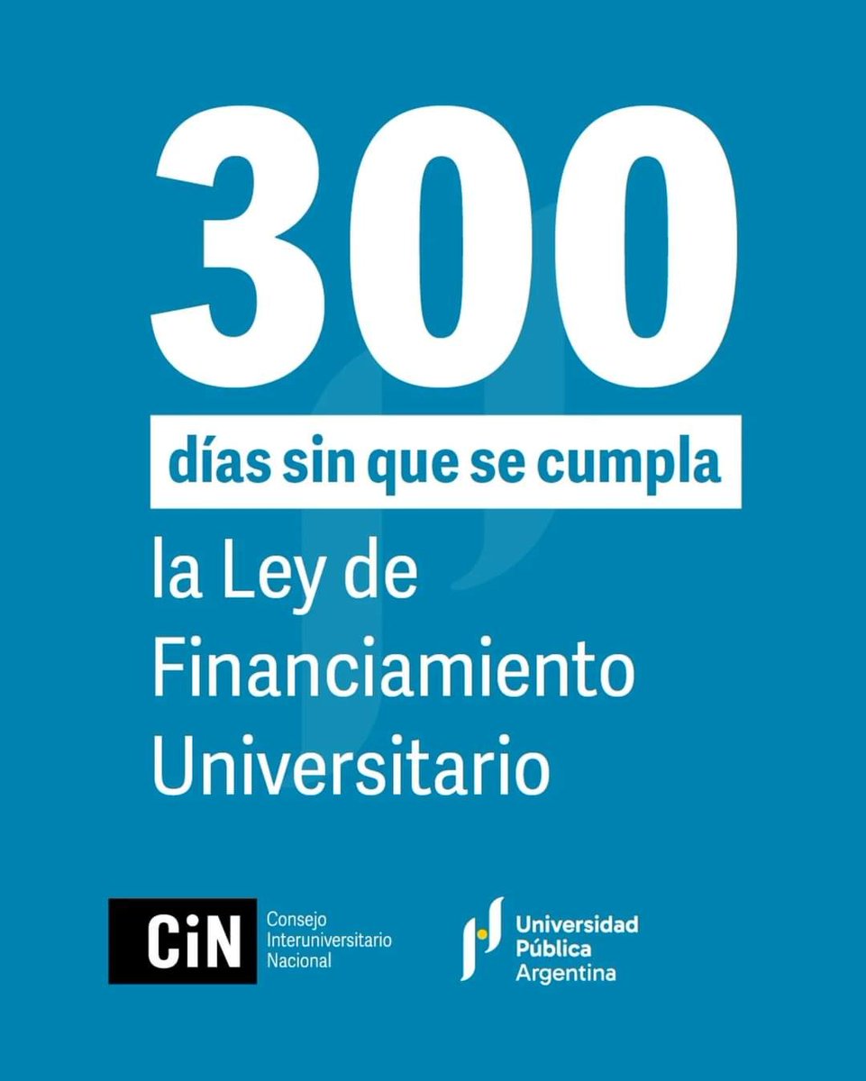 Carli_Bianco's tweet photo. Hace 300 días que el presidente Milei incumple la Ley de Financiamiento Universitario.

300 días fuera de la ley, asfixiando económica y financieramente a las universidades nacionales.

Desde el Gobierno de la Provincia de Buenos Aires le reclamamos al Gobierno nacional que respete lo que el Congreso, la Justicia y el pueblo argentino le exigen.

#UniversidadPúblicaSiempre 🇦🇷