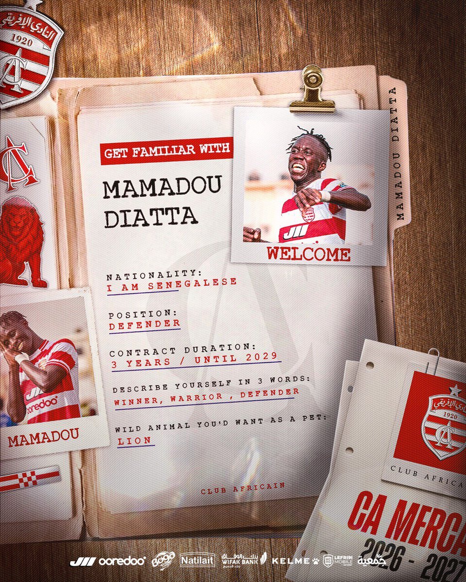 pailay084's tweet photo. 🚨 OFFICIAL | ESPÉRANCE 🇹🇳❤️🤍

Espérance Sportive de Tunis has completed the signing of 20-year-old Senegalese defender Mamadou Diata 🇸🇳 on a contract running until June 2029.

Welcome to the People’s Club! ❤️🤍 https://t.co/rHWskbqMCW