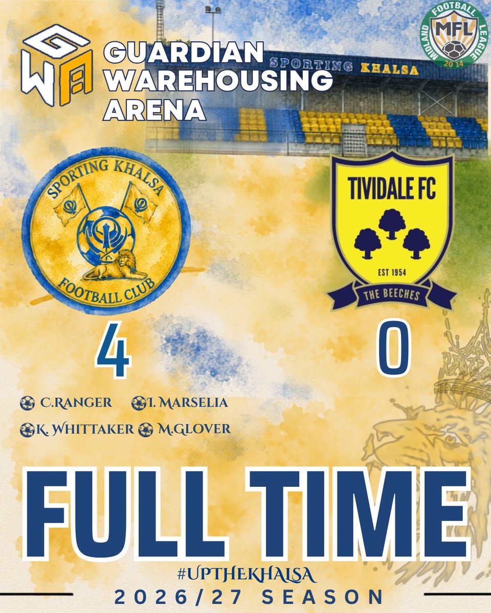 SportingKhalsa's tweet photo. @midlandleague MATCHDAY 3 🟡🔵
FULL TIME RESULT 

We take our first win at home of our 26/27 campaign. 

A great performance from the lads with goals from Ranger, Whittaker, Marselia &amp; Glover who all got their first goals of the season. 

#UpTheKhalsa | #KhalsaKings | #SKHTIV https://t.co/4yVdnAC03D