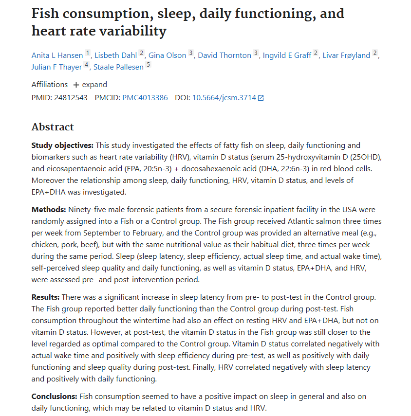 BlueLightDiet's tweet photo. SEAFOOD IS CIRCADIAN ROCKET FUEL

Did you eat any seafood today?

If not, your mitochondria are not happy. 

Fatty fish is loaded with DHA and iodine which are the nutrients that feed your circadian machinery.  They let your body capture sunlight photons and convert them into a clean DC electric current and your body works better because of it.

This study showed people who ate fatty fish slept better, felt better and had a stronger HRV.