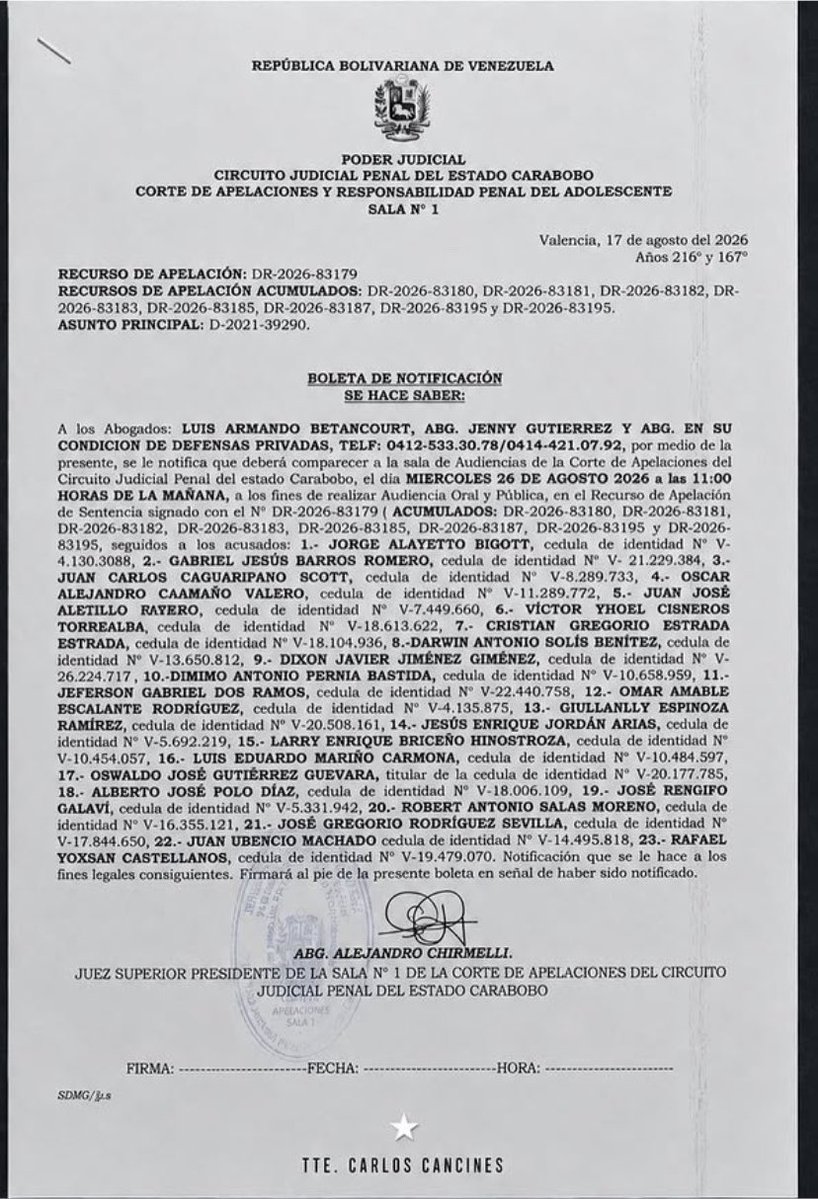 VictorUgas58's tweet photo. #ATENCIÓN | Fue admitida la apelación contra la sentencia de la causa del capitán Juan Carlos Caguaripano, la audiencia será el próximo 26 de agosto. 

¿Qué quiere decir esto? 

Caguaripano ese día le pueden eliminar la sentencia y salir en LIBERTAD. https://t.co/zQCoSOiheg
