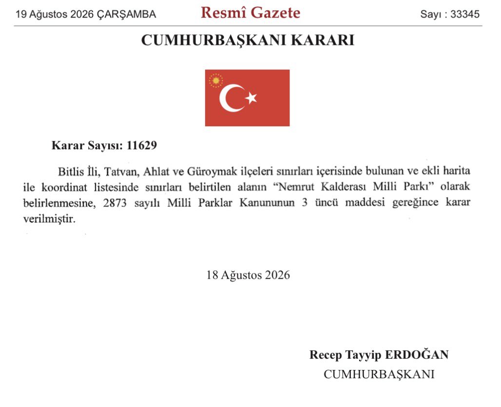 T_Bedirhanoglu's tweet photo. Nemrut Kalderamız Milli Park olarak ilan edildi.

Uzun zamandır takip ettiğimiz, korunması ve gelecek nesillere aktarılması için büyük önem verdiğimiz Nemrut Kalderamızın Milli Park statüsüne kavuşmasından büyük mutluluk duyuyoruz.

Bu önemli karar; Nemrut’un doğal güzelliklerinin korunması, turizm potansiyelinin geliştirilmesi ve bölgeye hak ettiği değerin kazandırılması açısından çok kıymetli.

Cumhurbaşkanımız Sayın @RTErdogan başta olmak üzere Tarım ve Orman Bakanımız Sn @ibrahimyumakli ve emeği geçen herkese teşekkür ediyor, Bitlis’imize hayırlı olmasını diliyorum. 🇹🇷

#NemrutKalderası #MilliPark #Bitlis