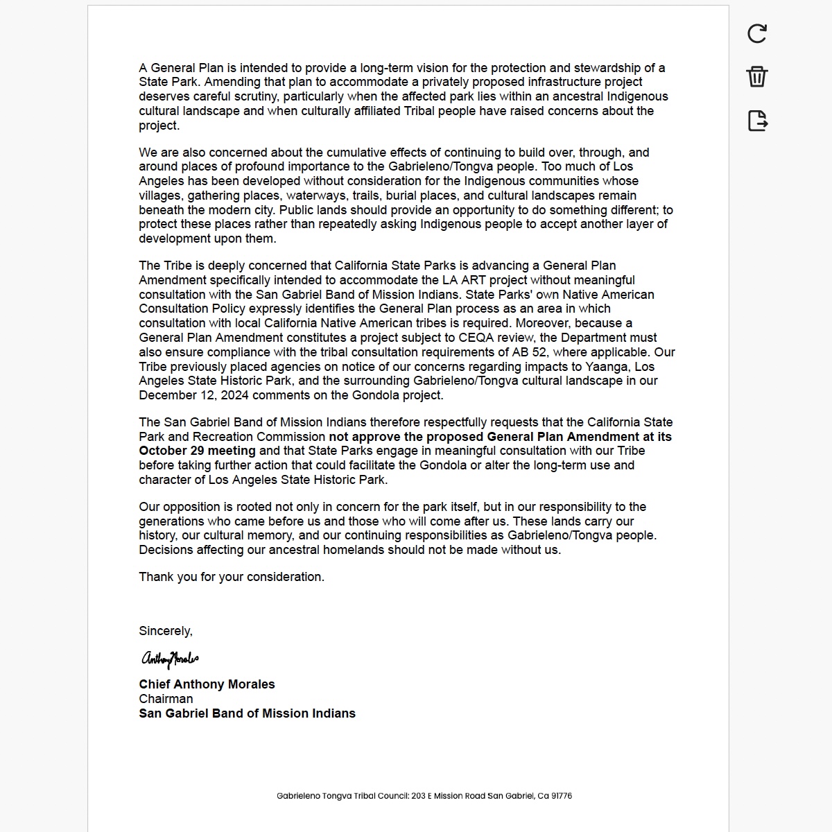 FriendsofLASHP's tweet photo. The Gabrieleno-Tongva Tribe urges the California State Park and Recreation Commission not to approve a general plan amendment to allow a private gondola to take park land. They note that @CAStateParks has not meaningfully consulted with the Tribe. cc: @GovPressOffice @GavinNewsom https://t.co/kBNlzyVNUh