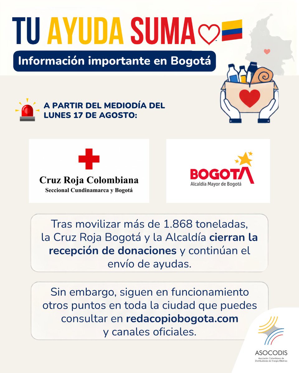 ASOCODIS's tweet photo. #ColombiaUnSoloCorazón

Si estás en Bogotá, los puntos @cruzrojabogota no están operando de momento.

Pero si quieres donar, el punto de acopio Unicentro Bogotá y otros más siguen trabajando y recibiendo ayudas ✨🇨🇴

Visita el sitio web https://t.co/LqA2UMOJps para mayor información 

@Bogota 
@ABDELAESPRIELLA 
@jrestrp