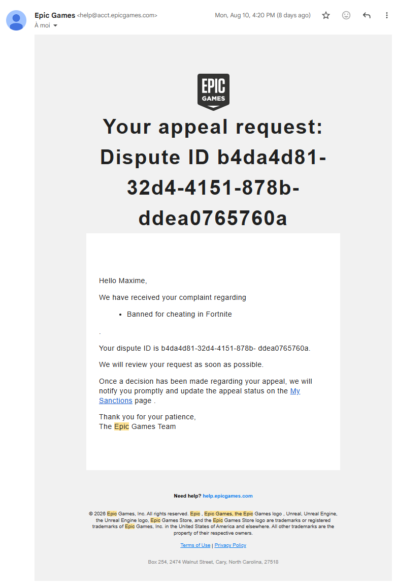 MaxSubarashi's tweet photo. Hi everyone, I was banned from Fortnite on August 10 for “exploiting” even though I didn’t do anything, I just wanted to play the game. I still haven’t received a response to my appeal, even though it’s been 8 days since I submitted my request. It’s not right to leave players hanging when all they’ve done is want to play your game ! Some people get unbanned in less than 24 hours or need to wait 8 months, it's not normal ! Help me ! Give an answer to my appeal ! @EpicGames @TimSweeneyEpic @Fortnite @FortniteStatus @FNCreate @JustTeddii @EpicTofuChris #fortnite #epicgames