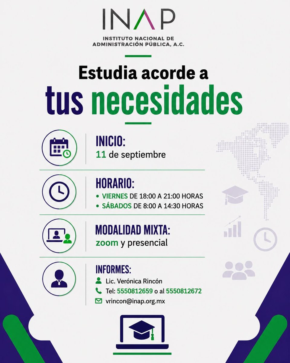 inap_mx's tweet photo. Con más de 70 años de historia, el INAP te brinda con sus maestrías, los fundamentos teóricos y prácticos para liderar los desafíos de la gestión pública.

El INAP conoce tus necesidades y te ofrece la facilidad de estudiar una maestría en modalidad mixta: zoom y presencial.

¡Últimos cupos! Inscripciones abiertas hasta el 25 de agosto.
