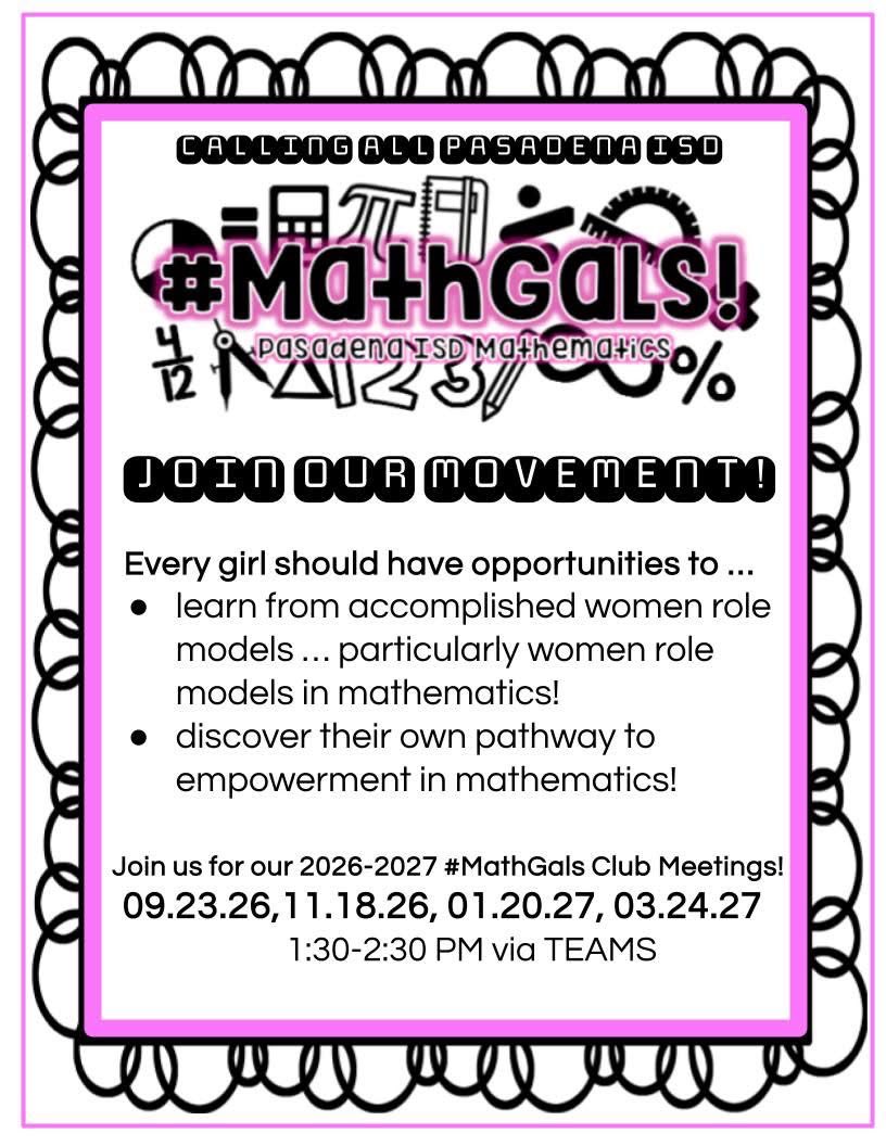 janetdnuzzie's tweet photo. Woohoo for our 2026-2027 #MathGals Club! @MarianaBreaux, @WymanEvan, &amp; myself invite ALL of our Grade 4 #PISDMathChat girls to join us for conversations focused on #MathGals of the Present &amp; Future! @MrsNewell22 #ElemMathChat #NCSM #NCTM #TCTMTalk #TASMTalk https://t.co/rTzaznVbhL