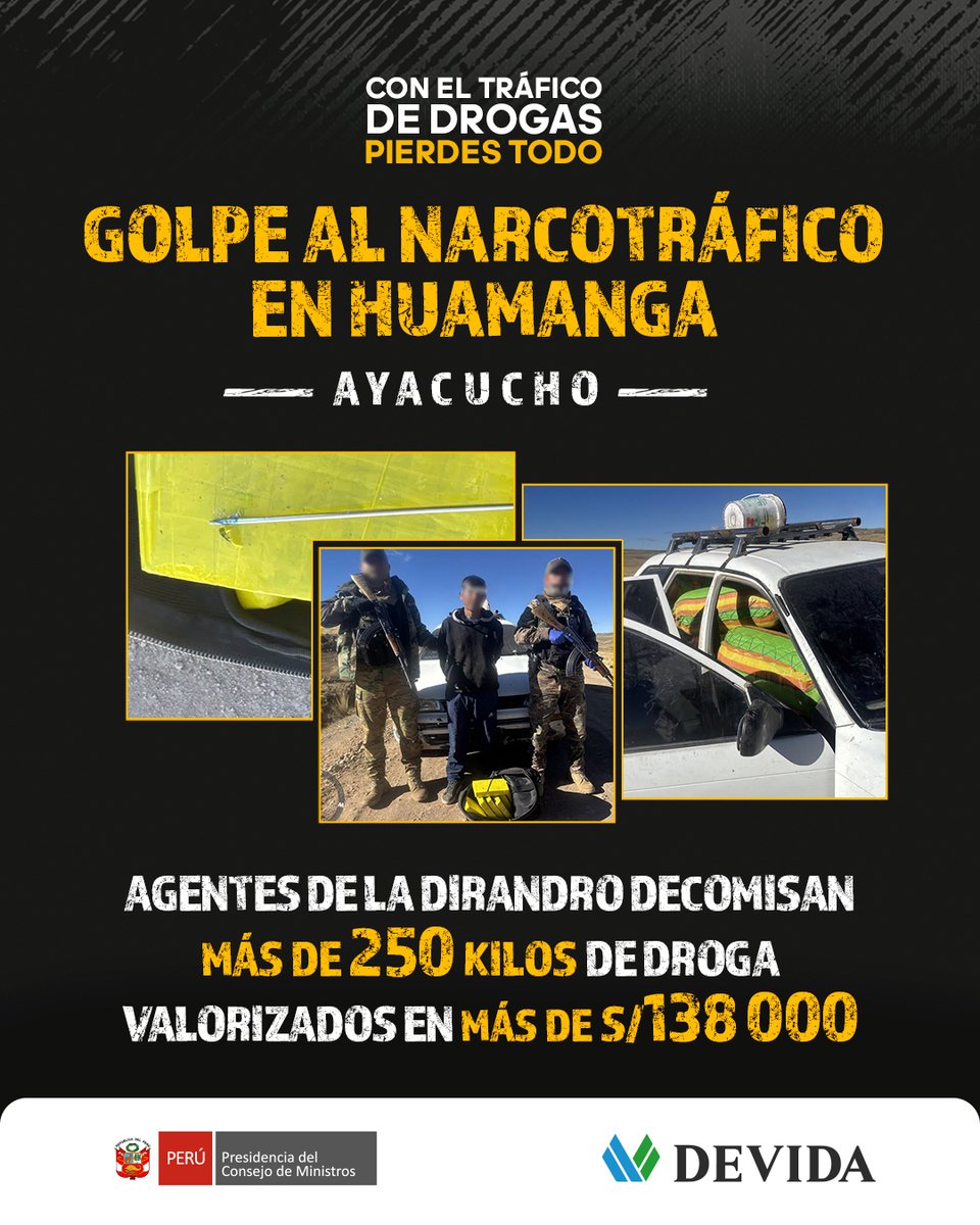 DEVIDAPERU's tweet photo. ¡Nuevo golpe al crimen organizado! 🚨🇵🇪
Agentes de la DIRANDRO decomisaron 253.940 kilos de droga, valorizados en S/138 259, durante un operativo realizado en Huamanga, Ayacucho.
Fuente: https://t.co/t0sCQrWvjy https://t.co/ycFpyALoM8