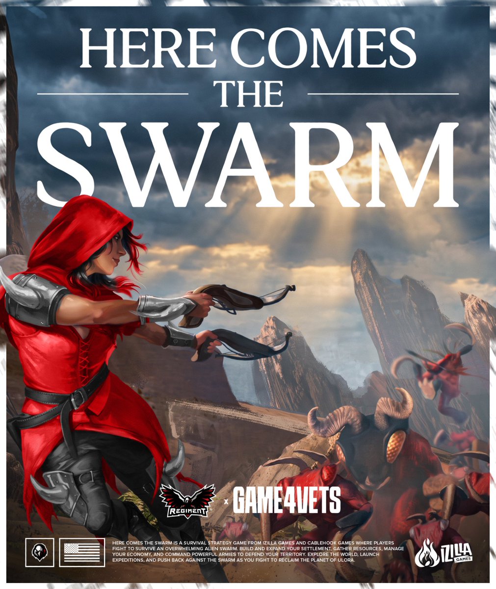 RegimentGG's tweet photo. Veterans! The FREE games keep coming! 🫡

@infernozilla with another @Games4Vets drop: @HereComesSwarm!

Face overwhelming numbers, defend your settlement, &amp; deal a blow to the hivemind!

✅ Join REGIMENT and claim your game today!

#WeHaveYourSix | #Games4Vets https://t.co/cyVIpUrWHi