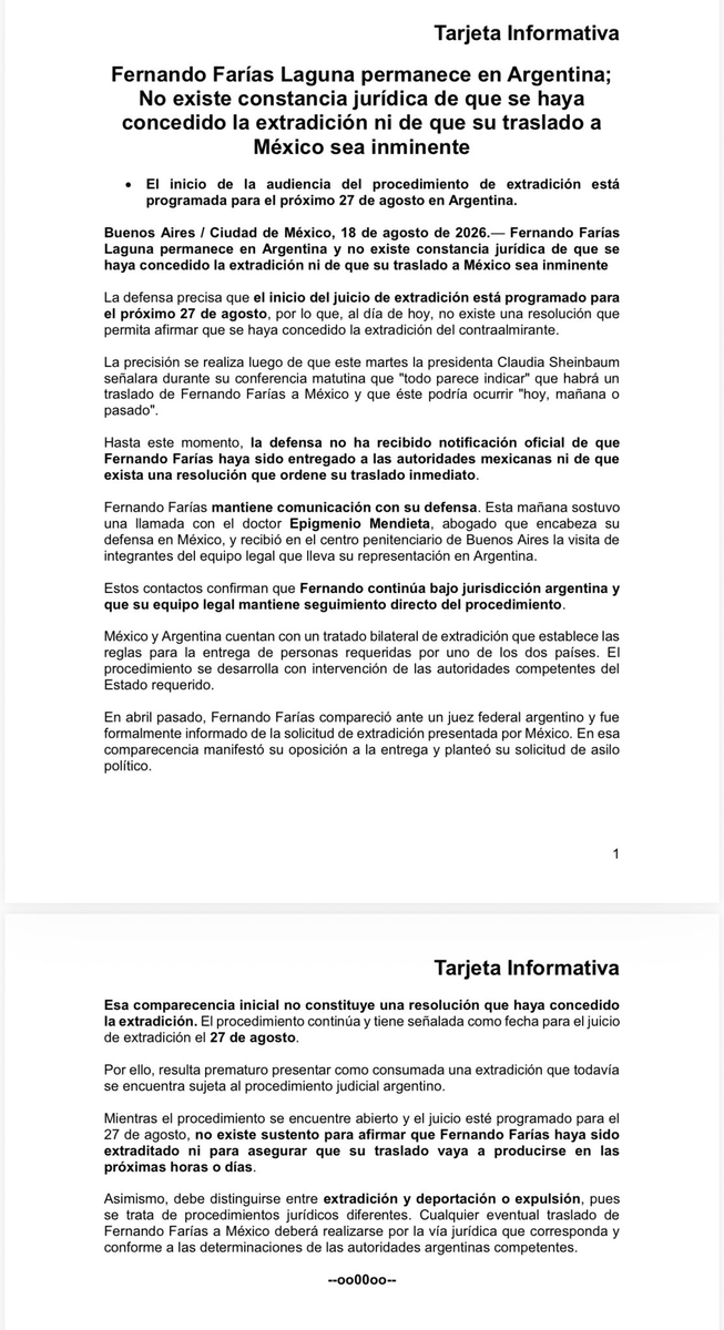 Ultrapuebla's tweet photo. ⚖️ #Defensa de Fernando #Farías Laguna niega extradición inmediata
El despacho #Mendieta y Asociados aseguró que el contraalmirante permanece en Argentina y que, hasta ahora, no existe una resolución judicial que confirme su extradición o traslado a #México. https://t.co/ukptW2l9gf