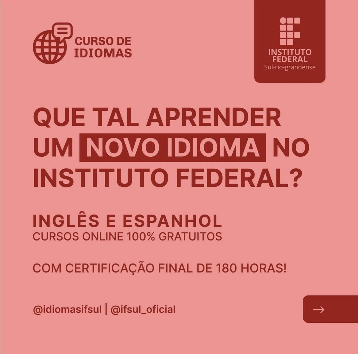 mizukidosdados's tweet photo. O IFSUL tá oferecendo Cursos de Idiomas em Inglês e Espanhol de forma gratuita.

Caso seja do interesse de alguém, as inscrições são aqui: https://t.co/lu9GwJ1SwY https://t.co/VDPBr5FSUd