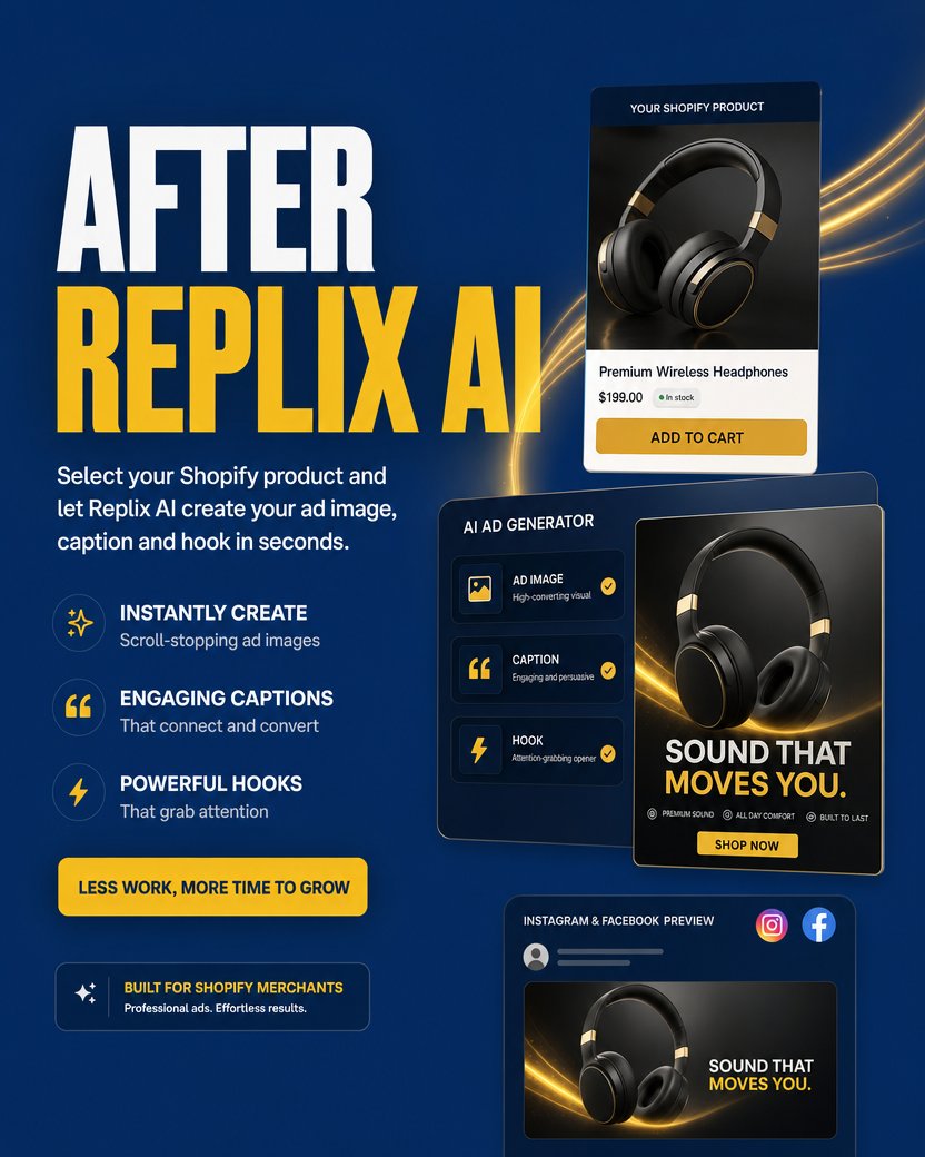 replixai's tweet photo. Stop making ads from scratch. Replix AI turns your Shopify products into ad images, captions and hooks in seconds⚡

#Shopify #SaaS https://t.co/DlItnhyCNG