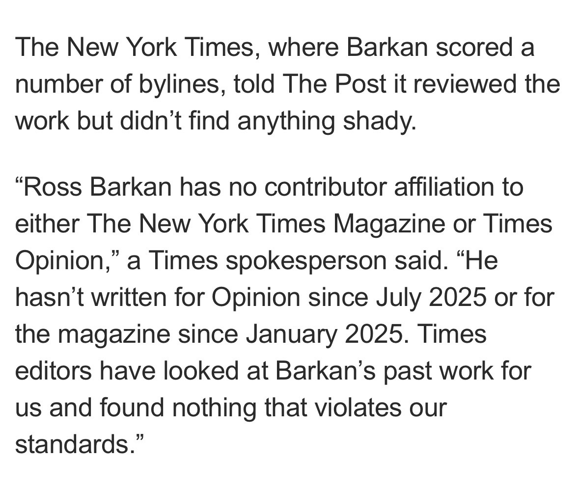danielmarans's tweet photo. Buried in @AlexSteigrad’s latest on @rossBarkan for @nypost: The @nytimes cleared Ross in an investigation of his columns for them. https://t.co/gYS2vRHqe0 https://t.co/sePGYC2l3H