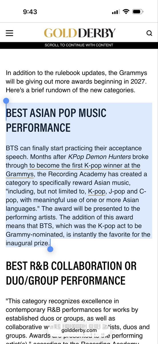 orul8ce's tweet photo. 😂😂😂😂💀Gold Derby did a whole 180 💀💀 Went from “BTS can start practicing their acceptance speech” to “maybe the Grammys can kick the can on the Asian category, admit they messed up and hope BTS and the fans come back” 💀💀😂😂 my goated legends BTS only you could do this to Grammys🔥🔥🔥💜

From the article 😂😂👀
The simplest short-term solution to the Best Asian Pop Music Performance category controversy would be to say "Never mind!" Walk back the announcement, fall on the sword, and hope that a swift-ish response😒💀 to backlash is enough to bring some fans (and a certain group named BTS) back into the fold.🙄

At the moment, the Recording Academy has on their hands a new awards category that's been essentially invalidated by its top contender. The situation doesn't just hurt the Grammys, but also the potential victors. 😂😂😂😂If the Academy follows through with handing out Best Asian Pop Music Performance, the winner could be perceived as having an asterisk next to their win😂😂😂😂💀(they’ve been lurking on armytwt😂💀). Perhaps the most likely outcome for the category is a big pause button and a vague promise to fix it in the future... once the stakeholders are consulted

https://t.co/DPKP7IoftK