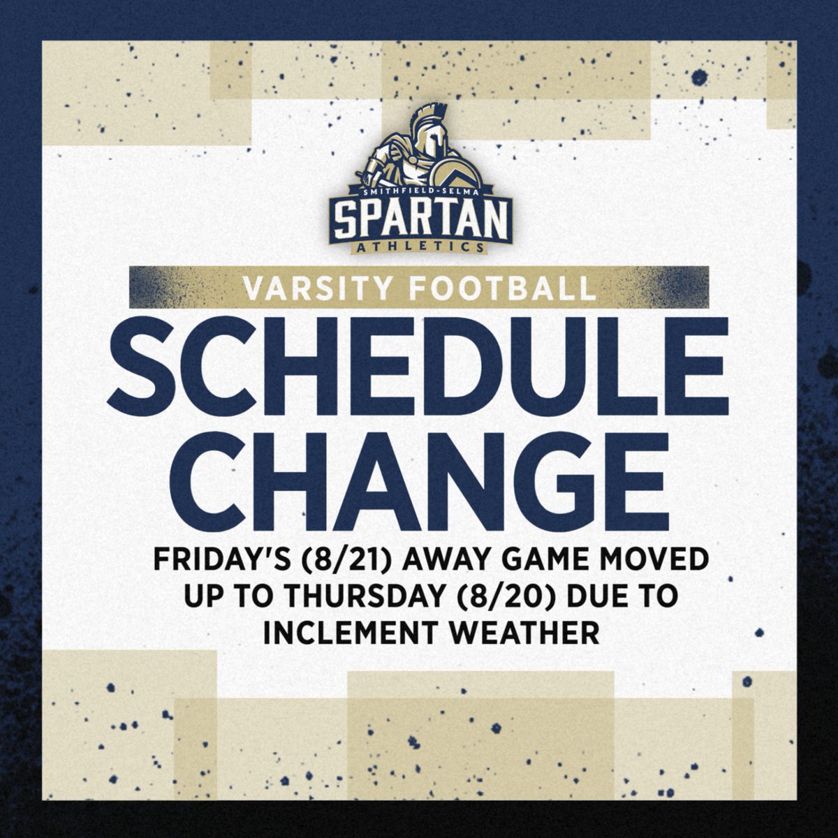 athletics_sss's tweet photo. Schedule Update: Due to the threat of severe weather, Friday's Varsity Football game at South Johnston has been moved to this Thursday, 8/20. Hope to see you out there supporting the Spartans! https://t.co/iiA1Ej3ubo