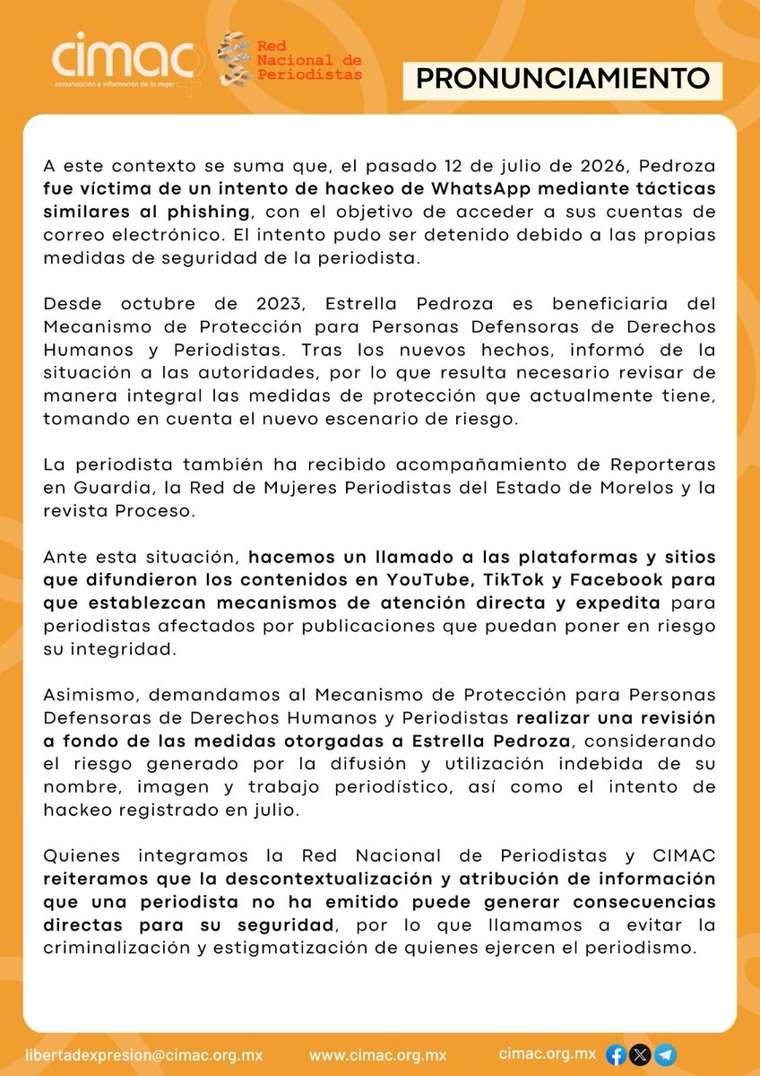 prensacimac's tweet photo. 🟠 Pronunciamiento
Expresamos nuestra profunda preocupación por la campaña de desprestigio que circula en redes sociales en contra de nuestra colega periodista Estrella Pedroza. Esta situación ha surgido a raíz de contenidos que abordan su trabajo en relación con el asesinato del alcalde de Tecámac, Morelos, con el propósito de criminalizar su labor periodística.

En las plataformas sociales, se ha utilizado su imagen y los contenidos de su trabajo de manera descontextualizada.

Desde la Red Nacional de Periodistas y CIMAC, reiteramos que la descontextualización y la atribución de información que no ha sido emitida por la periodista pueden tener repercusiones directas sobre su seguridad. Hacemos un llamado a evitar la criminalización y estigmatización de las periodistas.
#MujeresPeriodistas #LibertadDeExpresion