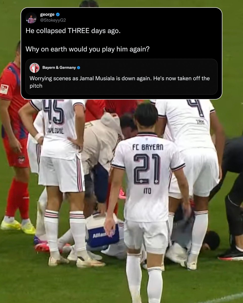 RemarksFootball's tweet photo. Jamal Musiala collapsed on field THREE days ago, yet they decided to play him again tonight and he collapsed AGAIN...

Someone needs to investigate Bayern Munich for disregarding the health and safety of their players. This is DISGUSTING. https://t.co/i7dgZFM5TI