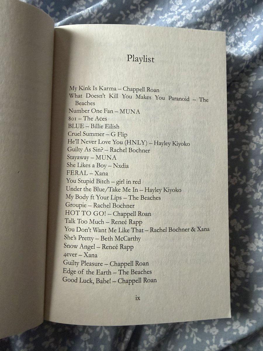 swifthwa's tweet photo. reading a f/f romance book and the first page is a playlist. the author really just googled list of wlw songs and copy pasted it 😭😭 https://t.co/anTYHsNB3G