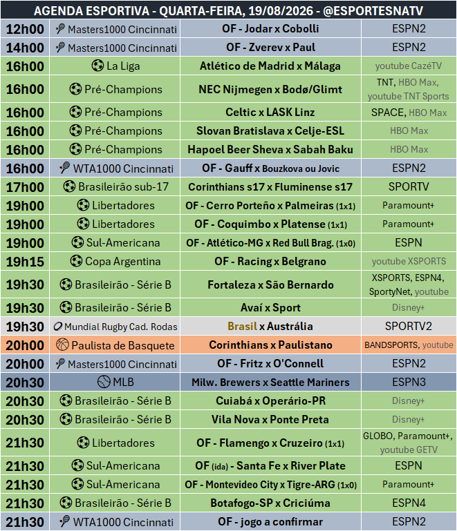 EsportesNaTV's tweet photo. A agenda esportiva desta QUARTA-FEIRA (19/08/2026) https://t.co/tZNJ4s0hyS