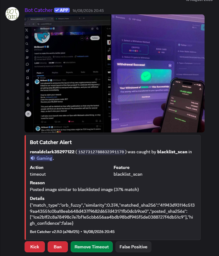 woodchat_'s tweet photo. @Patrosi73 I have made a tool to catch and take action on bots like this, it doesn't even need a honeypot channel, it does image matching and detects these scams. Although it still has a honeypot feature. https://t.co/ZzquE98sN8 https://t.co/mh0U7o1BVy