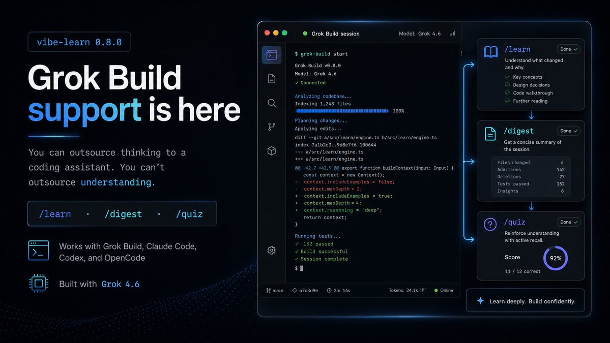 vibe-learn release image showing Grok Build support and its learn, digest, and quiz commands
