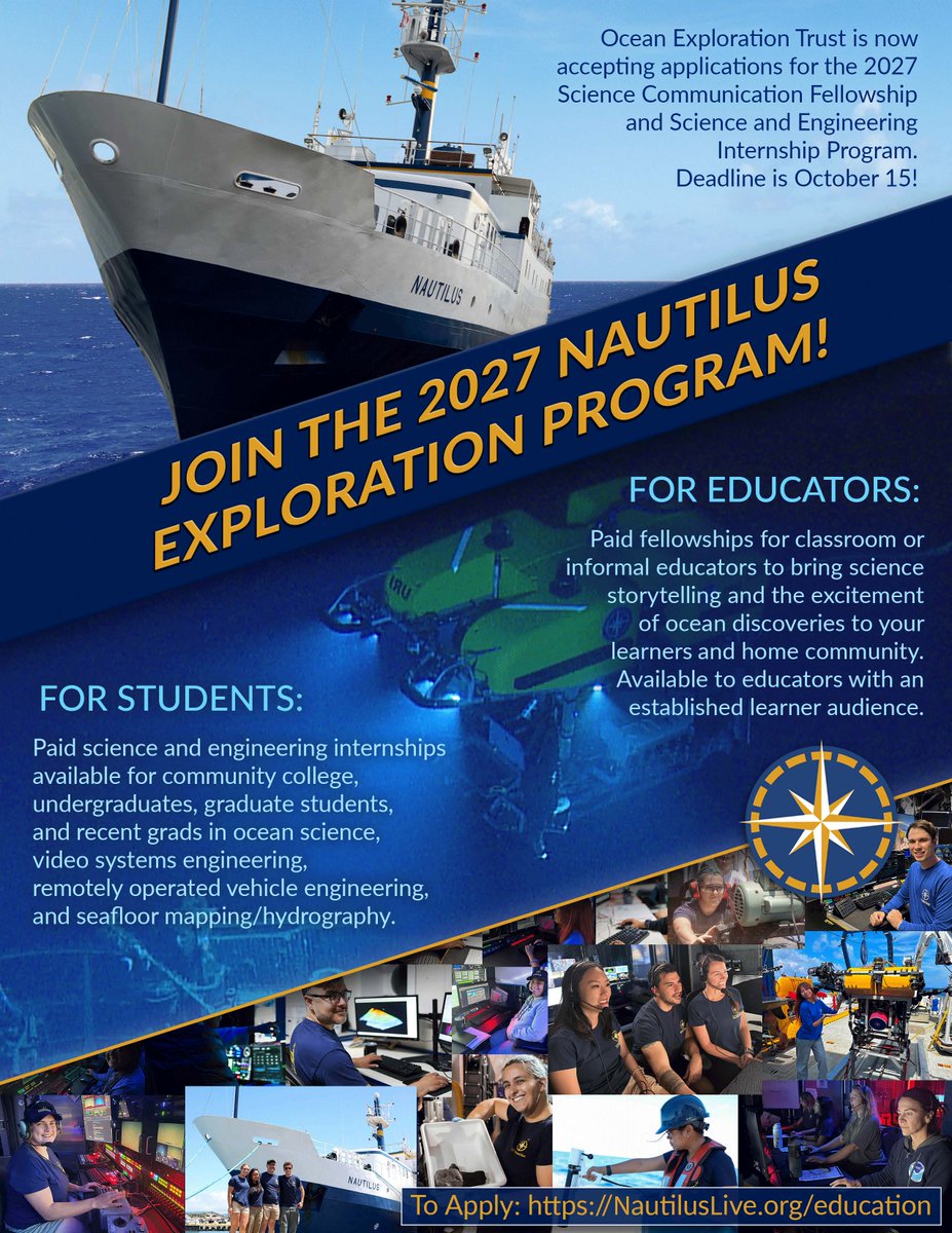 AltaSeaOrg's tweet photo. Paid at-sea internships are available. 

Accepted students will sail aboard a deep ocean exploration expedition on E/V Nautilus for 3-5 weeks, learning alongside experts in the field.

Learn more and apply before October 15, 2026: https://t.co/tl0AcBrUdz.

@EVNautilus https://t.co/puZBoAldcN