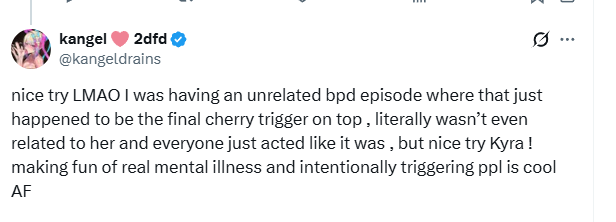 Simpycwh's tweet photo. Ah, and she blocked me. Kyra wouldn't entertain you obviously, so nice try there. Your entire page is trying to wear her skin and failing miserably, as you have for 4 years now and have never been successful LMAO 🤣
 
How is your creepy ass gonna make your entire page defaming and lying @kyrameanie while trying to be her?

Also can you explain why you deleted the post about where you LIED about having permission from Kyra's art creator to steal her shit because you got caught and even he's uncomfortable because of you? @kangeldrains