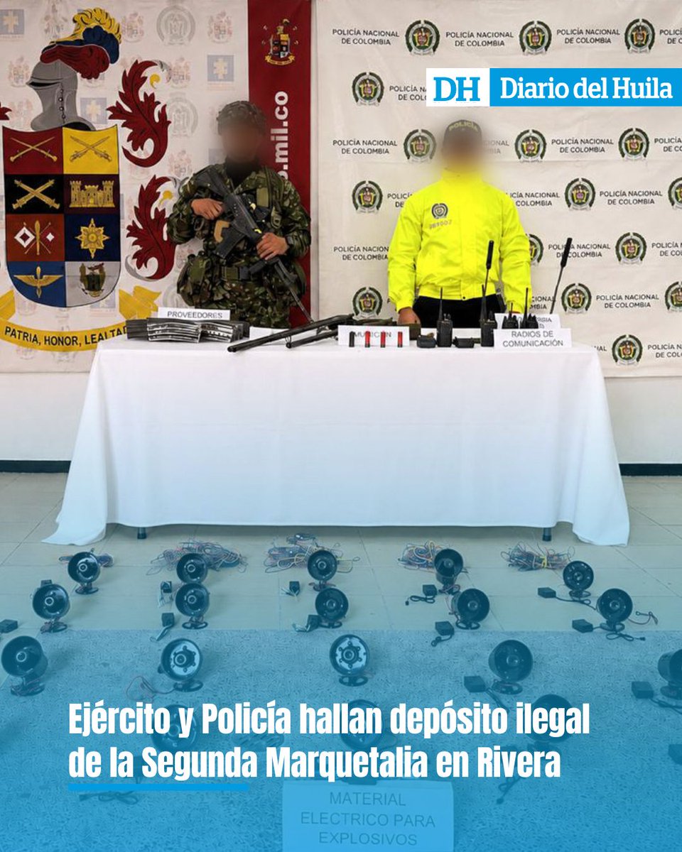 diariodelhuila's tweet photo. 🚨 Ejército y Policía hallan depósito ilegal de la Segunda Marquetalia en Rivera

En la vereda Río Blanco, Rivera, las autoridades localizaron un depósito del GAO-r Teófilo Forero, donde incautaron armas, munición, radios y equipos electrónicos.

💬 https://t.co/G87NM8jHsU

#Rivera #Huila #Seguridad #Ejército