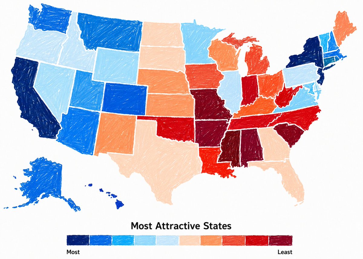 TerribleMaps's tweet photo. U.S. states with the most attractive people https://t.co/r9lYmv4KoE