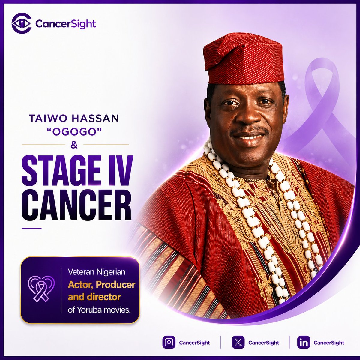 Cancer_Sight's tweet photo. Taiwo Hassan popularly known as Ogogo,  Nigerian movie actor, producer and director is currently suffering from stage IV cancer.

It calls for urgent actions towards cancer management currently available in Nigeria. 

Kindly reach out if you have a solution; cancersight@gmail.com https://t.co/L2cZ6n4nhK