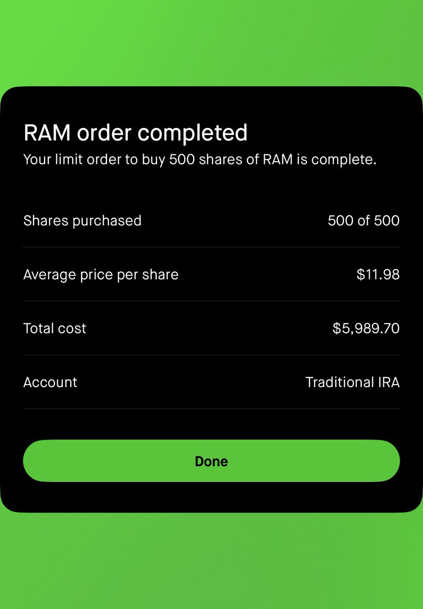 Gigavest's tweet photo. Added more into the selloff. 500 RAM (2x $DRAM) at $11.98, 500 CIFG (2x $CIFR) at $4.32, 100 WULX (2x $WULF) at $15.72.

Memory and the power names are where the flow keeps pointing. Not looking for an overnight move here. Patience. https://t.co/u0kxQbAAYY