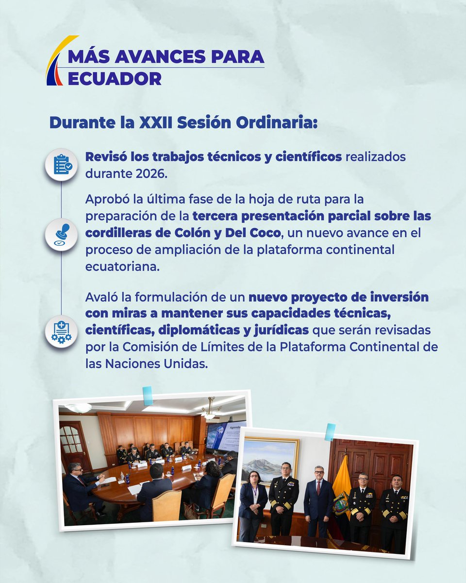 CancilleriaEc's tweet photo. 🇪🇨🌊 𝗘𝗰𝘂𝗮𝗱𝗼𝗿 𝗮𝘃𝗮𝗻𝘇𝗮 𝗲𝗻 𝗹𝗮 𝗮𝗺𝗽𝗹𝗶𝗮𝗰𝗶ó𝗻 𝗱𝗲 𝘀𝘂 𝗽𝗹𝗮𝘁𝗮𝗳𝗼𝗿𝗺𝗮 𝗰𝗼𝗻𝘁𝗶𝗻𝗲𝗻𝘁𝗮𝗹.

Ecuador trabaja para ampliar su plataforma continental más allá de las 200 millas náuticas, a partir de estudios técnicos y científicos sobre las cordilleras submarinas Del Coco-Colón. Este proceso, liderado por Cancillería, fue analizado durante la XXII Sesión Ordinaria del CLEPCE.

👉 Desliza y conoce cómo avanza este proceso estratégico para Ecuador.