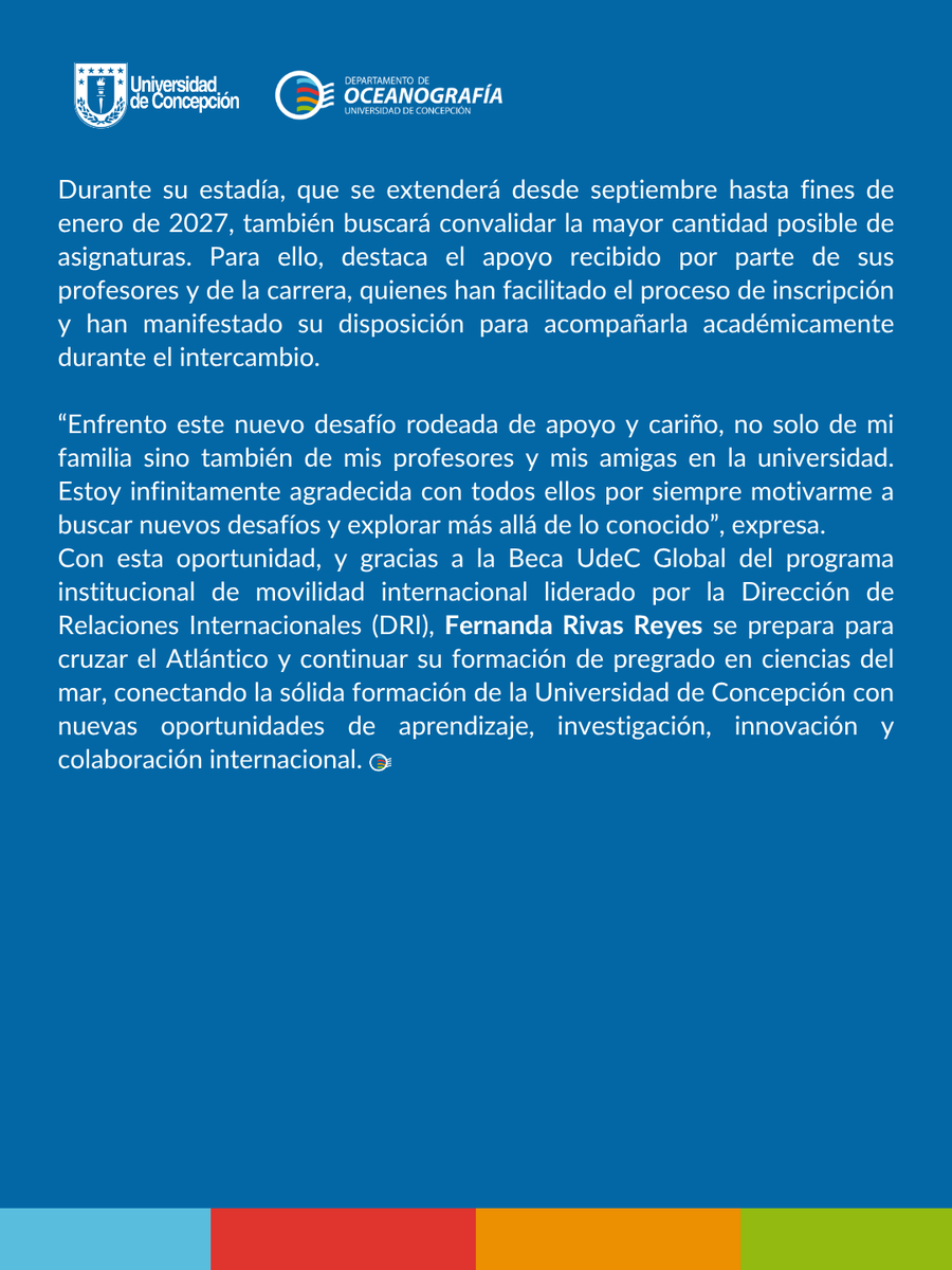 DOCEUdeC's tweet photo. Fernanda Rivas, estudiante @IBMA_UdeC, realizará un intercambio académico en la Universidad de Las Palmas de Gran Canaria donde busca fortalecer su formación académica, explorar nuevas perspectivas en acuicultura y avanzar en su investigación sobre polisacáridos de microalgas. https://t.co/T6C1pKhx6x