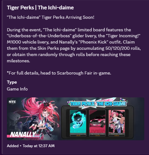 NTEIntel's tweet photo. Tiger Perks | The Ichi-daime

#NTE #NevernesstoEverness https://t.co/yPlQwob23S