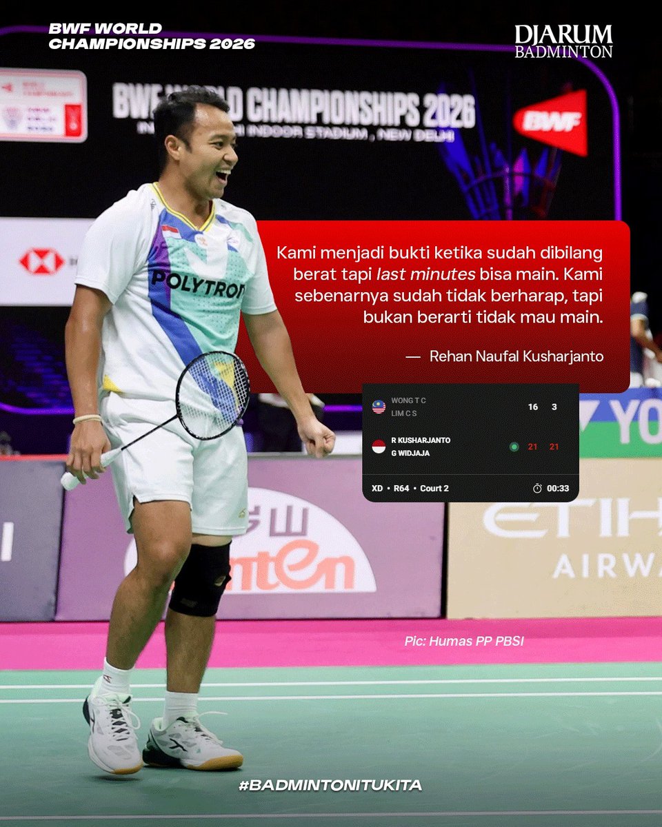 DjarumBadminton's tweet photo. Perjalanan Rehan Naufal Kusharjanto/Gloria Emanuelle Widjaja di Kejuaraan Dunia BWF 2026 berlanjut ke babak 32 besar. 🇮🇩🏸

Lanjutkan perjuangan, Rehan/Gloria! 💪

#DjarumBadminton #BadmintonItuKita #BWFWorldChampionships2026 https://t.co/66PryEn08H