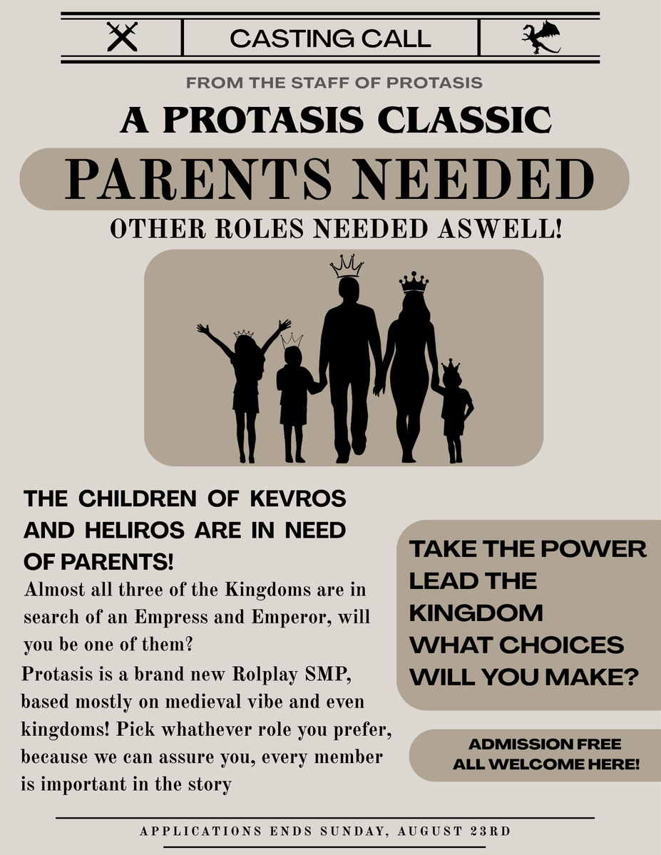 PROTASISMC's tweet photo. [ @LoreNewsMC ]

PROTASIS IS STILL LOOKING FOR MEMBERS TO JOIN! APPLICATIONS END SUNDAY, AUGUST 23RD! 

🔗 https://t.co/oBdHlBV2DA https://t.co/ljENnC66Mr