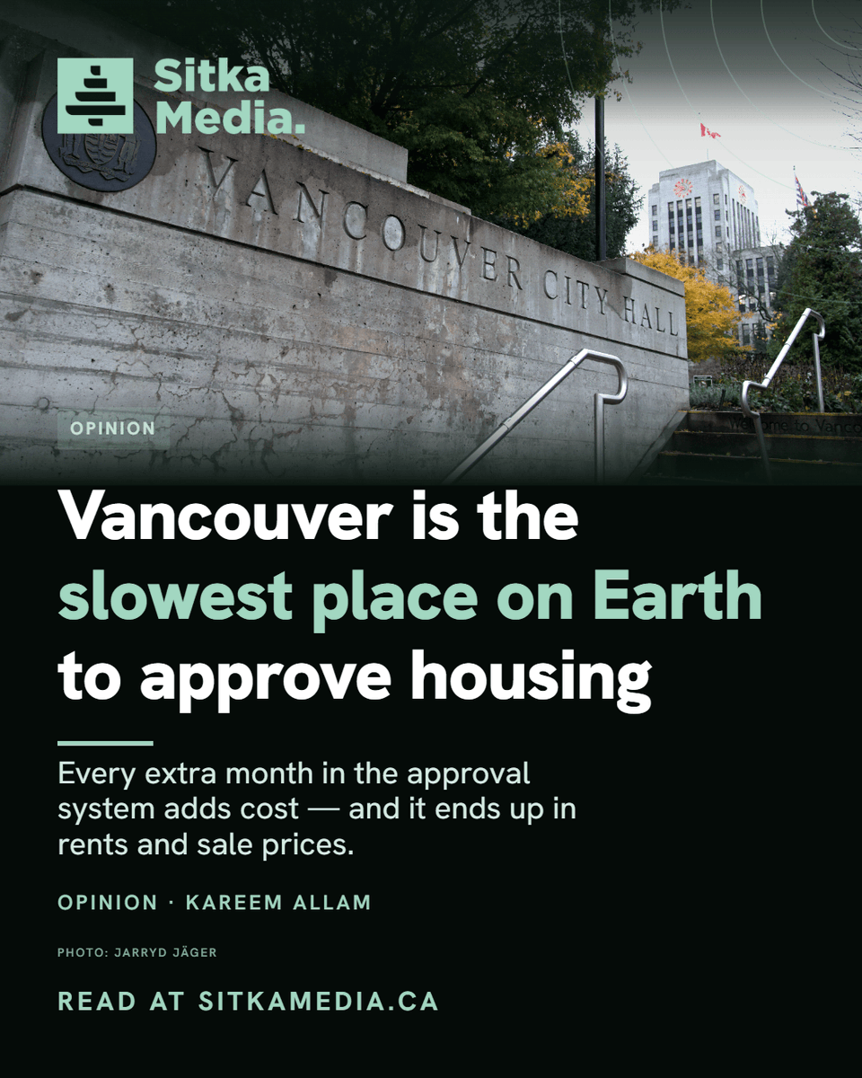 sitkamedia's tweet photo. 🏗️ What do delays in Vancouver’s housing approval process actually cost?

In his latest column for Sitka Media, @kareemformayor looks at approval timelines, the cost of delays and where the city has managed to cut review times.

➡️ Read more: https://t.co/BNEgkfHAYD

#vanpoli #Vancouver