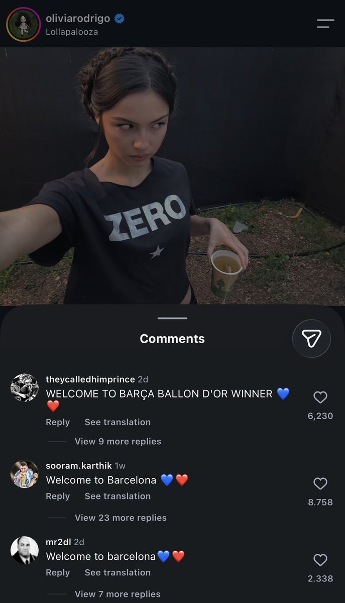 idextratime's tweet photo. 📲 Fans Barcelona mengucapkan selamat datang kepada Rodri di akun Instagram Olivia Rodrigo, karena Rodri tidak mempunyai akun media sosial 😹 https://t.co/fyDGKE1shb