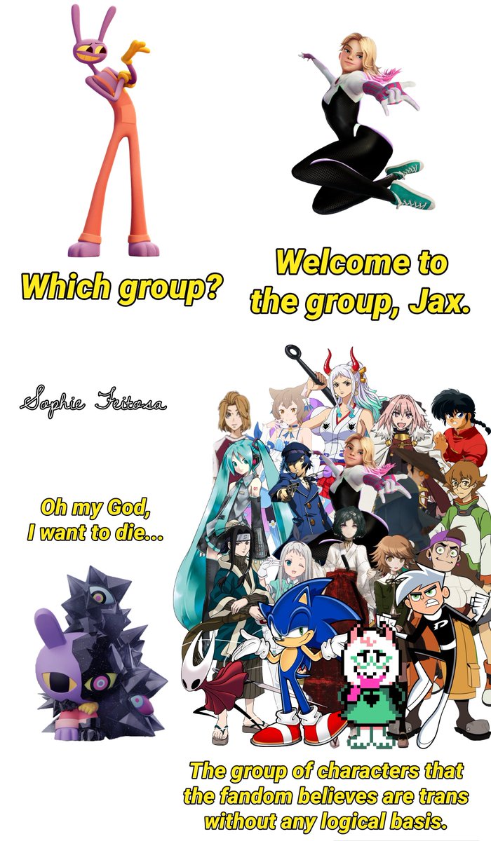Sophie_Feitosa's tweet photo. And that's how Jax abstracted... ☠️
#Jax #GwenStacy #KuranosukeKoibuchi #FelixArgyle #Yamato #Astolfo #RanmaSaotome #HatsuneMiku #NaotoShirogane #Mizu #Pigde #Haku #HideriKanzaki #LukaUrushibara #ChihiroFujisaki #Francesca #Hornet #SonicTheHedgehog #Ralsei #DannyPhantom https://t.co/ecqg2p9jRb