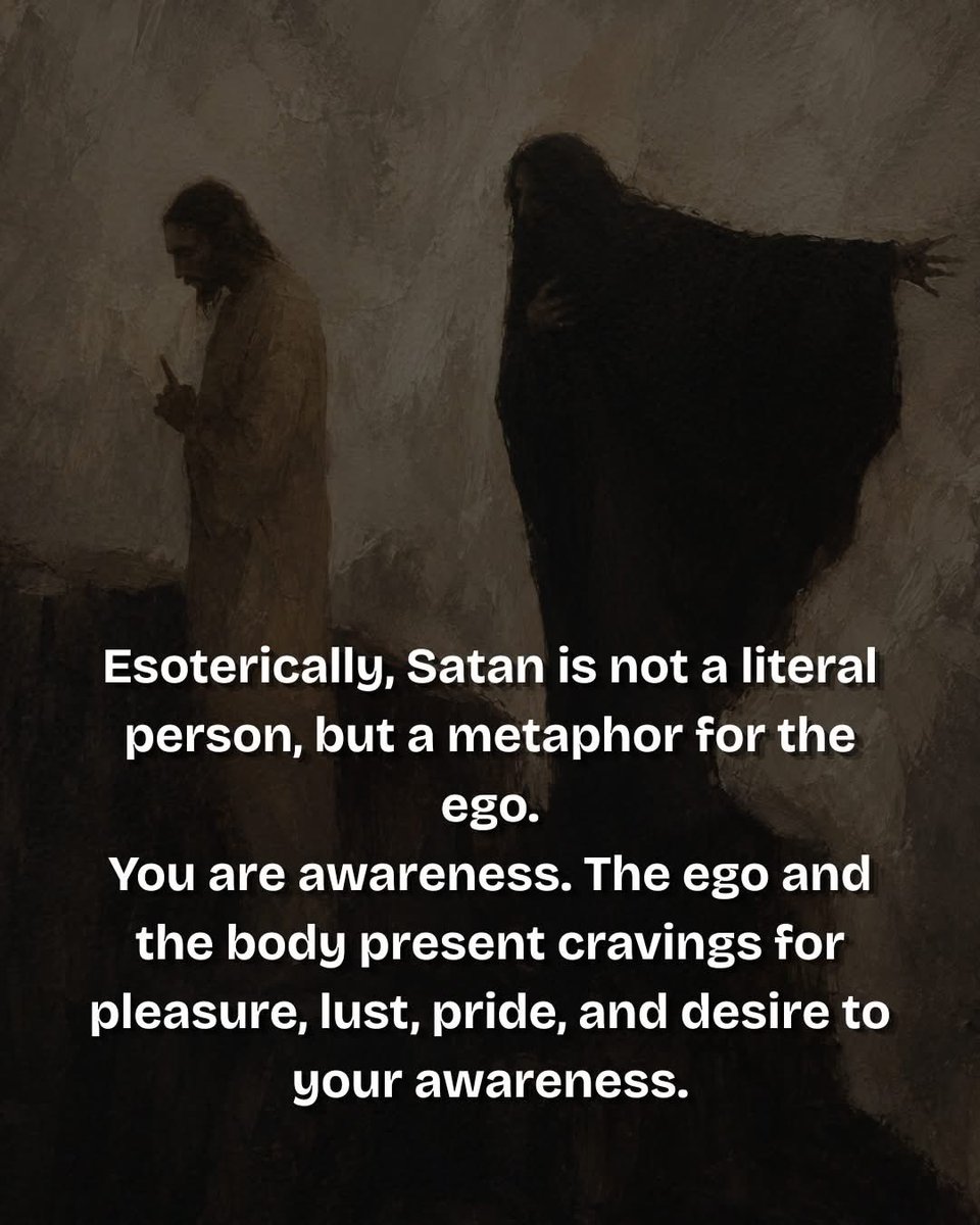 maximumpain333's tweet photo. Satan's real weapon was never control. It's temptation — because esoterically, Satan isn't a being, he's your ego. Every craving, every habit, every urge to justify a bad choice: that's the mind performing for your awareness, hoping you'll identify with it. You're not the craving. You're the one watching it.