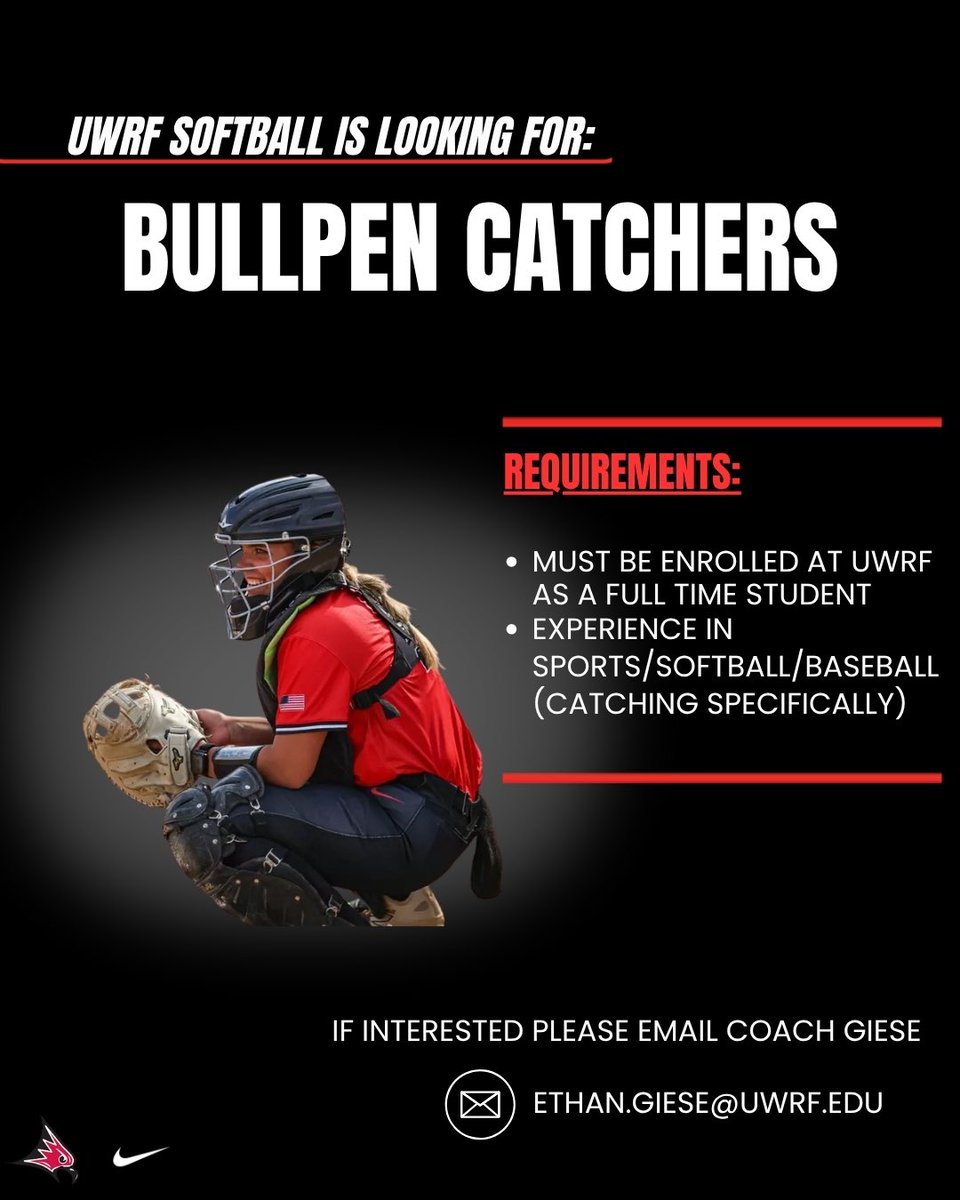 UWRFSOFTBALL's tweet photo. π¨The Falcons are looking for Bullpen catchers for this upcoming year!
Please reach out to Coach Giese @ ethan.giese@uwrf.edu if you are interested!
Go Falcons!β€οΈπ€
#rollfalcs #fft https://t.co/ca8HXDojKz