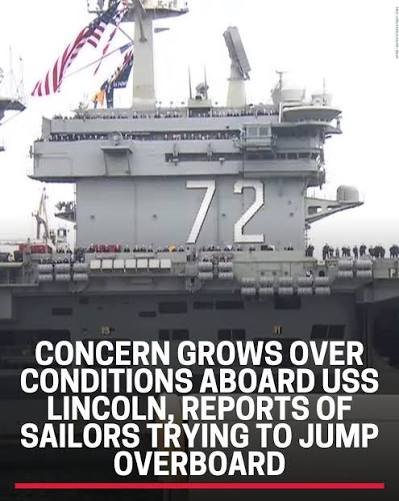 trumplicans2024's tweet photo. The only thing that jumped overboard was the truth.
I have a nephew serving on the Lincoln right now. 
He says it's all lies.
It's a fcking deployment. 
It's what you signed up for.
Biden, DEI leftovers... https://t.co/Mo7kWtpwQB