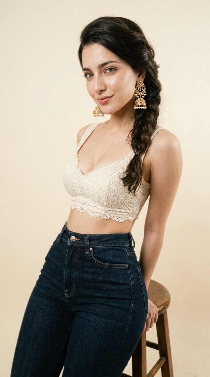 pixel_labs_AI's tweet photo. **Detailed Prompt:*
Ivory Lace + Indigo Denim — Couture lace crop top, dark-indigo high-waisted denim; studio: warm cream backdrop, vintage wooden stool, soft window-light simulation. https://t.co/ScYXv43Ivm