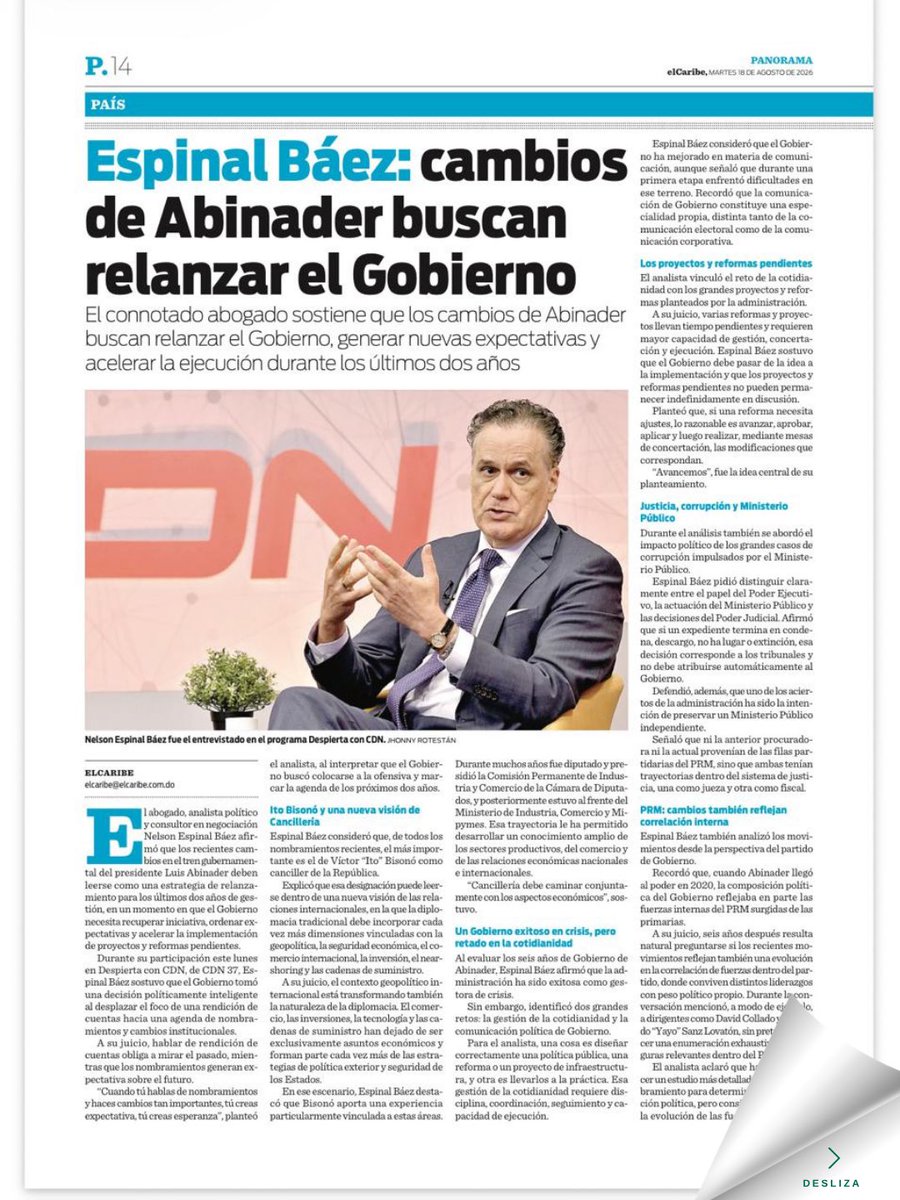 Cambridge_CIC's tweet photo. 📰@NEspinalBaez en @ElCaribeRD 

Los cambios de Abinader buscan relanzar el gobierno.

🔎 Lee la entrevista completa en

https://t.co/IeS88AzkTd https://t.co/AL2toxXRrn