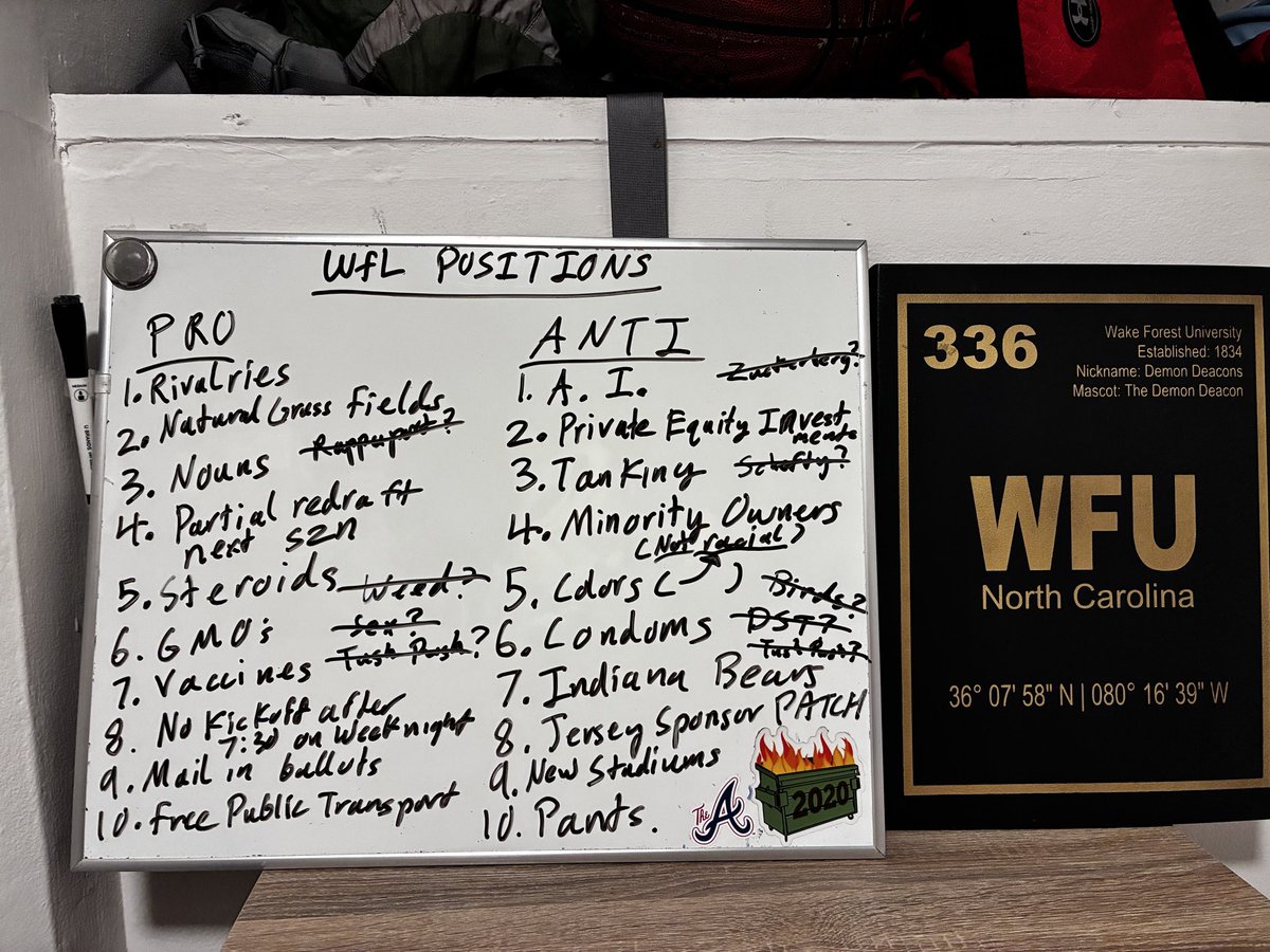 wflschefter's tweet photo. The return of the steroid era? A league source has leaked a photograph from the Commissioner's conference room showing the WFL's rumored official positions. OpenAI could not be reached for comment. https://t.co/yY7nRX7WUS