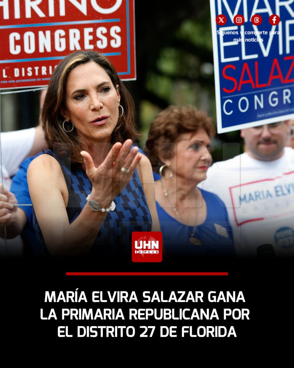 UHN_Plus's tweet photo. 🇺🇸‼️ | LO ÚLTIMO — María Elvira Salazar ganó la nominación republicana para representar por el Distrito 27 de Florida en las primarias de este martes. "Gracias a los republicanos de nuestro distrito por elegir resultados por encima de la retórica, una voz independiente por encima de los jefes de partido y la libertad por encima del socialismo", escribió Salazar tras confirmarse el resultado. La congresista se comprometió a seguir luchando por bajar impuestos, resolver la crisis de vivienda y enfrentar "a los socialistas demócratas que han tomado el control del Partido Demócrata" de cara a las elecciones generales de noviembre.