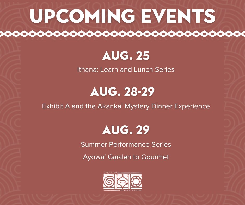 ChickasawCCC's tweet photo. Learning comes to life each day at the Chickasaw Cultural Center through demonstrations, exhibits and special events. 

Explore everything happening this August and plan your visit. We look forward to seeing you on campus. https://t.co/ke4IrtX3Zk