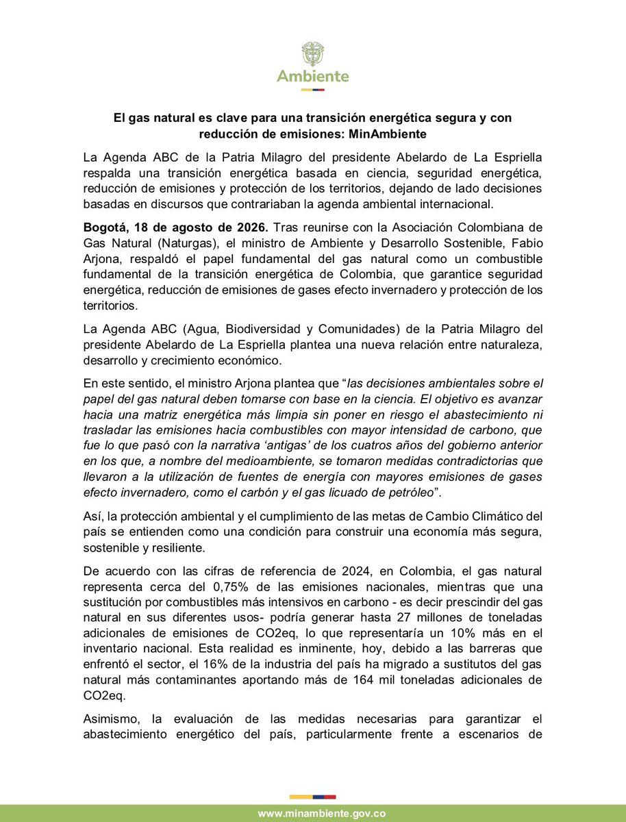 MinAmbienteCo's tweet photo. #ElABCdelAmbiente | El gas natural es clave para avanzar hacia una transición energética segura, con reducción de emisiones y decisiones basadas en la ciencia. 

Desde la Agenda ABC: Agua, Biodiversidad y Comunidades, del gobierno del presidente @ABDELAESPRIELLA, trabajamos por una transición que garantice la seguridad energética del país, proteja los territorios y contribuya al cumplimiento de las metas climáticas de Colombia 🇨🇴.

Conoce más aquí ⤵️

#PatriaMilagro